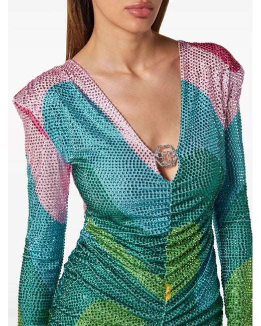 Philipp Plein Green Crystal-Embellished-Print Minidress