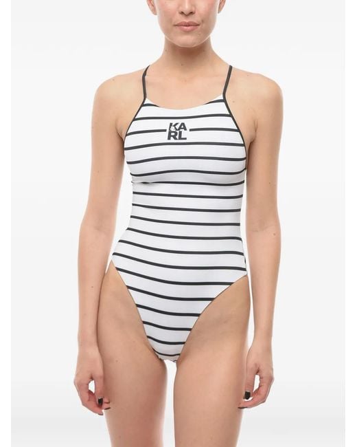 Karl Lagerfeld Blue Logo-Print Striped Swimsuit