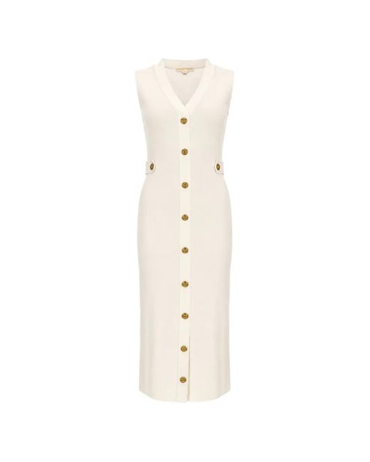 Michael Kors White V-Neck Elastic-Knit Button-Down Midi Dress