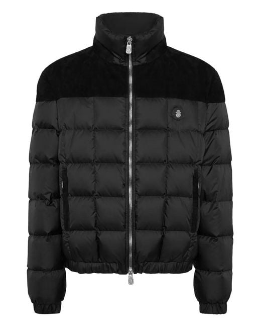 Billionaire Black Quilted Suede-Panel Puffer Jacket for men