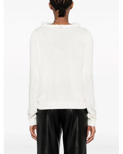 Twinset White Faux Fur-Trim Knitted Top