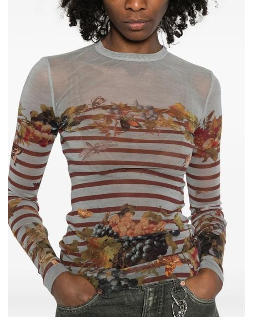 Jean Paul Gaultier Gray Marinière Striped Grape-Print Top