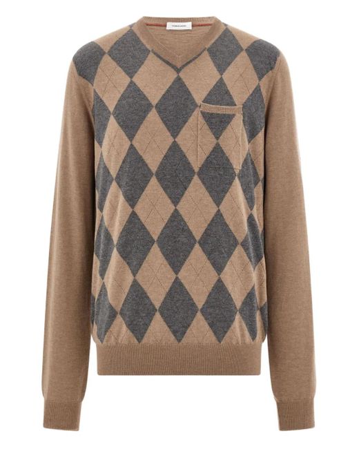 Ferragamo Gray V-Neck Argyle Virgin-Wool Sweater for men