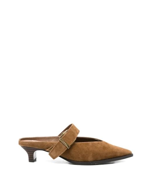 Ash Brown Tessa Buckle-Strap Pointed-Toe Mules