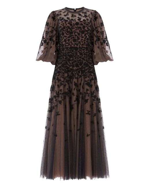 Needle & Thread Black Sylvia Rose Midikleid mit rundem Ausschnitt