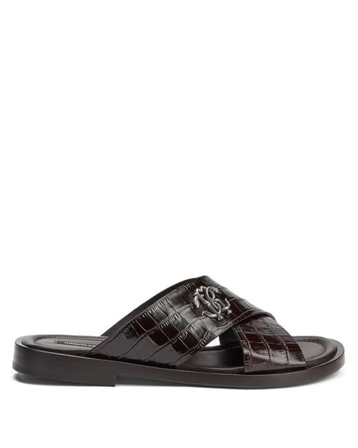 Roberto Cavalli Brown Crocodile-Effect Logo Sandals for men