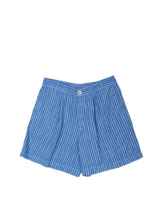 120% Lino Blue Short En Lin À Rayures Verticales