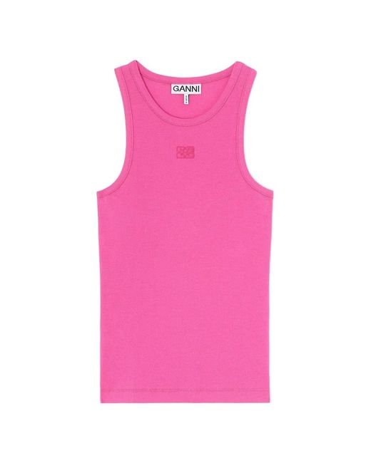 Ganni Pink Logo-Patch Ribbed Tank Top