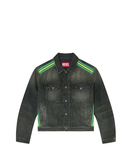 DIESEL Green Trucker Jacket With Striped-Shoulder Bands for men