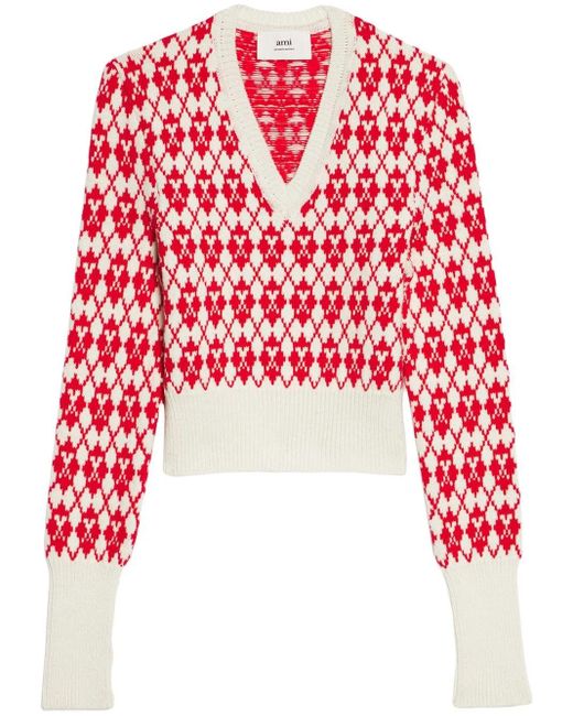 AMI Red Ami De Coeur Argyle Jumper