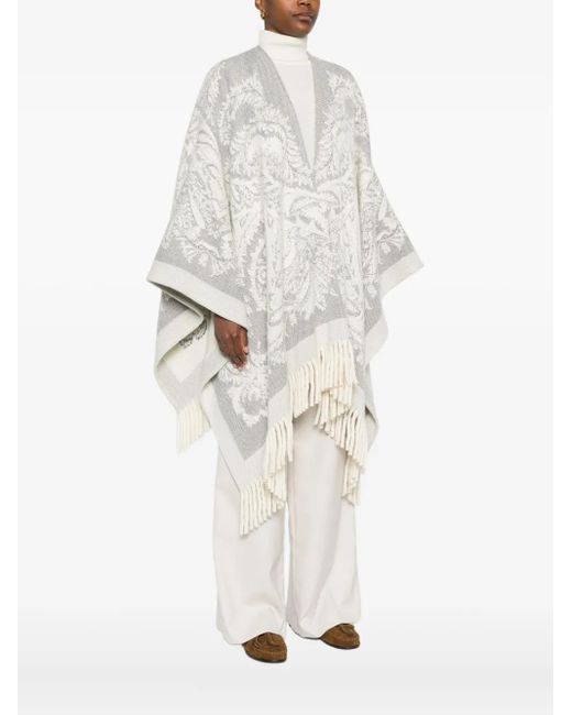 Etro White Paisley-Pattern Fringed Poncho