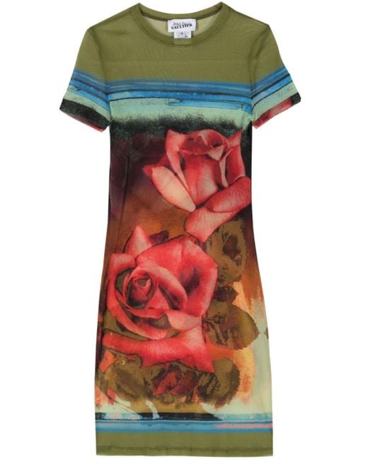 Jean Paul Gaultier Multicolor Roses-Print Short-Sleeve Mesh Mini Dress