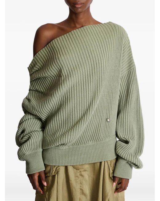 Balmain Green Asymmetric-Neck Ribbed-Knit Sweater