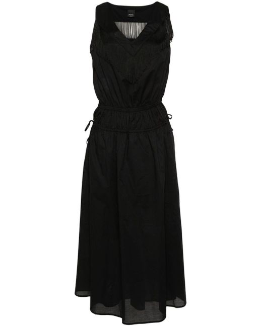Pinko Black Beginners Midi Cotton Dress With Fringes