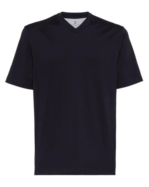 Brunello Cucinelli Blue V-Neck Cotton T-Shirt for men