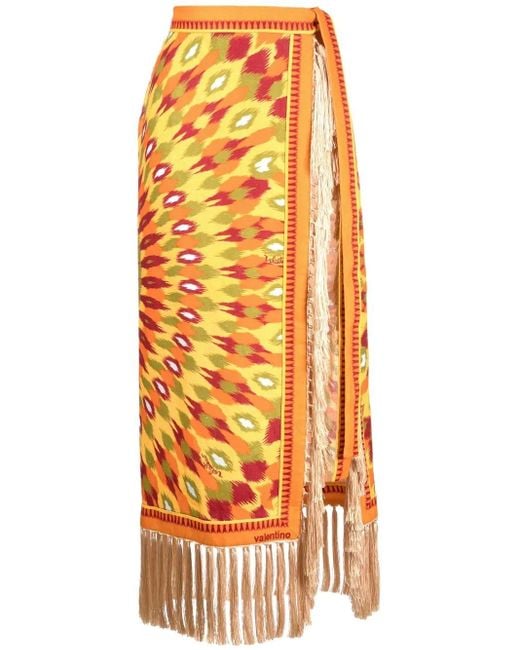 Valentino Garavani Orange Round Rain Print Linen Wrap Skirt