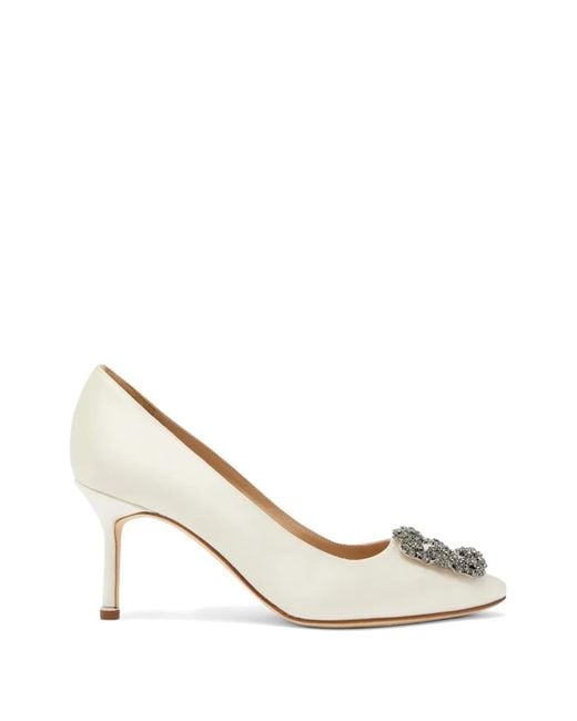 Manolo Blahnik White Hangisi Crystal-Buckle Pumps