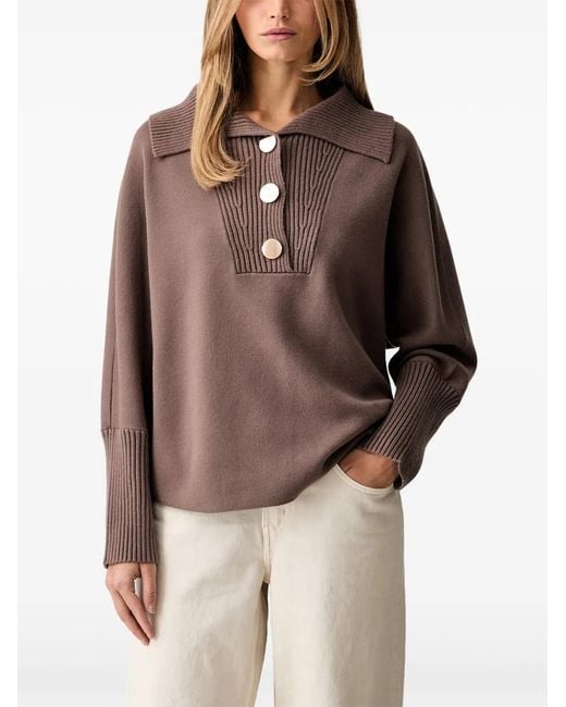 Joseph Ribkoff Brown Button-Up Ribbed-Collar Sweater