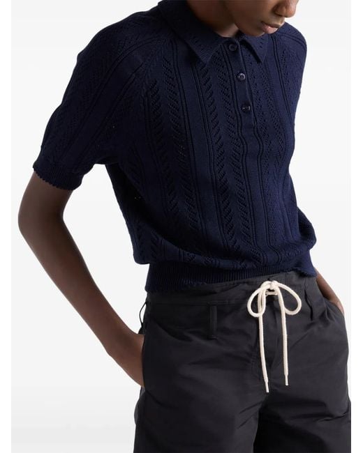 Prada Blue Short-Sleeved Openwork Cotton Polo Shirt