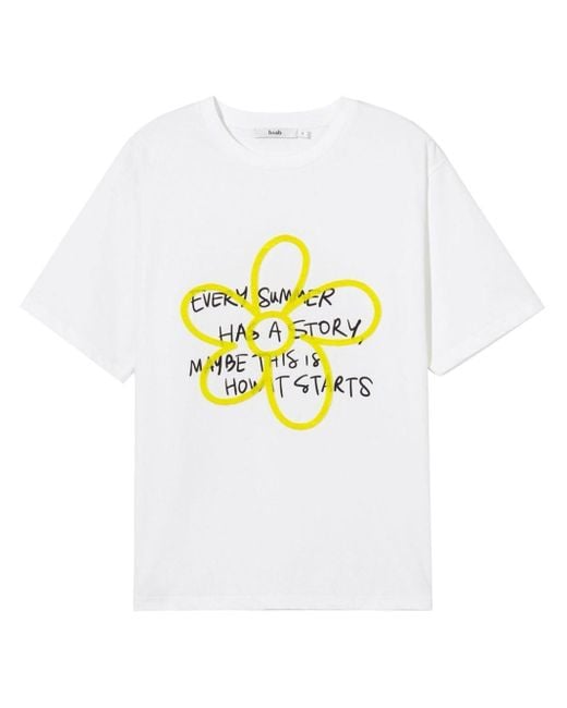 B+ AB White Slogan-floral Print T-shirt