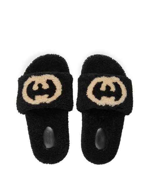 Gucci Black Eileen Gg Faux-shearling Slides