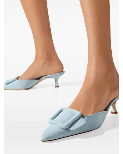 Manolo Blahnik Blue Maysale Buckle-Detail Mules