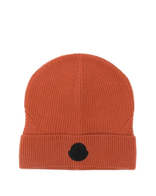 Moncler Orange Ribbed Logo-Patch Beanie for men