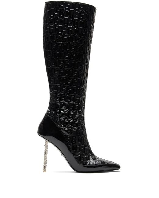 Gcds Black 100Mm Monogram-Pattern Leather Boots