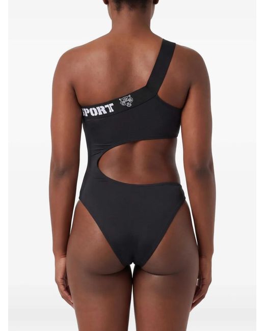 Philipp Plein Black Logo-Tape One-Shoulder Swimsuit