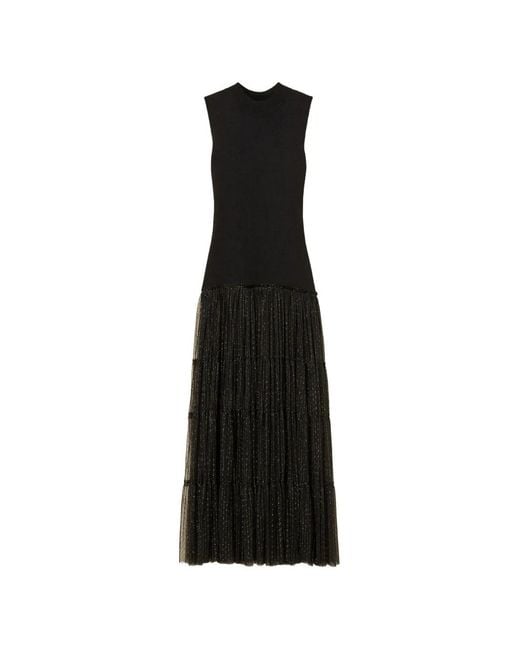 Twinset Black Long Sleeveless Knit Dress With Plumetis Tulle