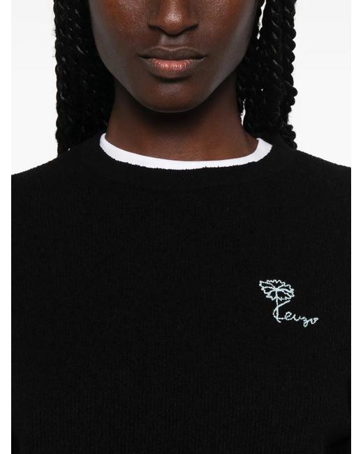 KENZO Black Tulip Logo-Embroidered Ribbed-Knit Cotton Jumper