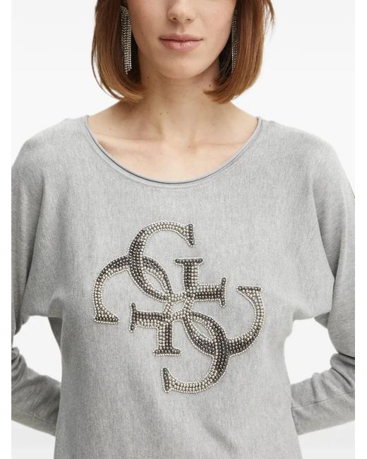Guess Gray Crystal-Embellished Logo-Motif Sweater
