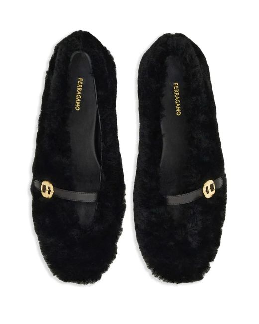Ferragamo Black Fluffy Ballerina Shoes