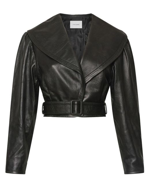 FRAME Black Belted Cropped Leather Jacket