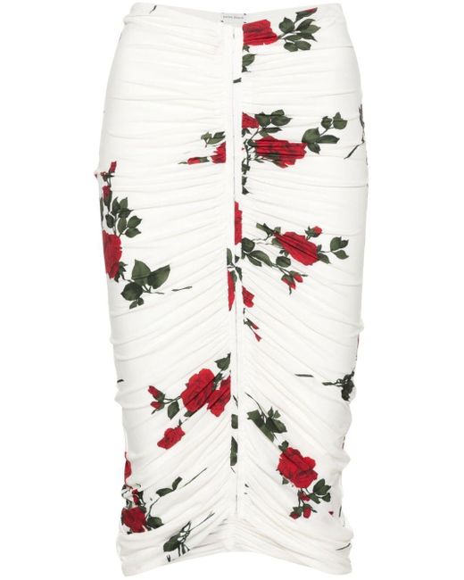 Magda Butrym White Rose-print Ruched Midi Skirt