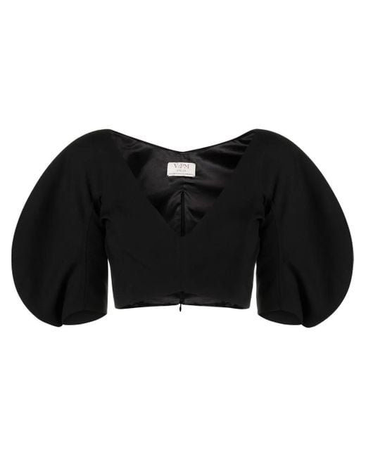 V:PM ATELIER Black Swirl Puff-sleeve Crop Top