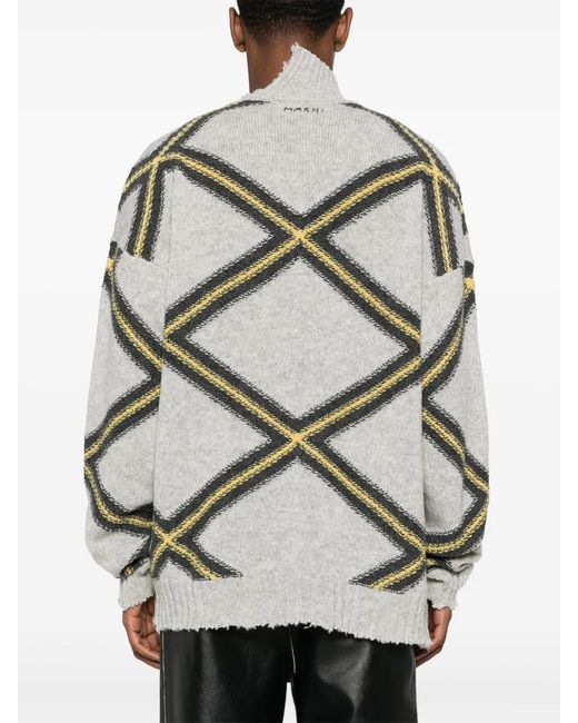Marni Gray Diamond-Check Distressed Jumper for men