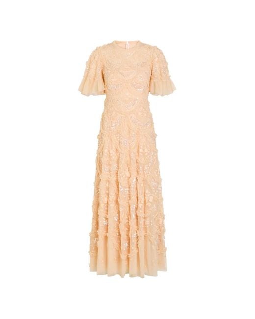 Needle & Thread White Carmen Sequin-Embellished Ruffled Dress