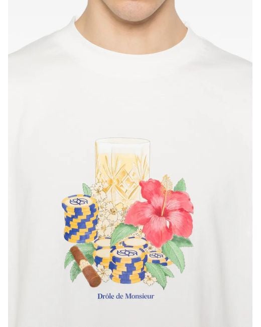 Drole de Monsieur White T-Shirt À Fleurs Hibiscus Club for men