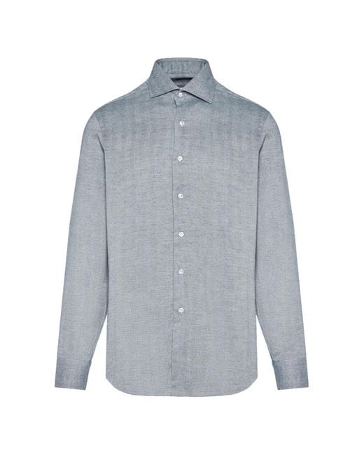Barba Napoli Blue Herringbone-Weave Long-Sleeve Shirt for men