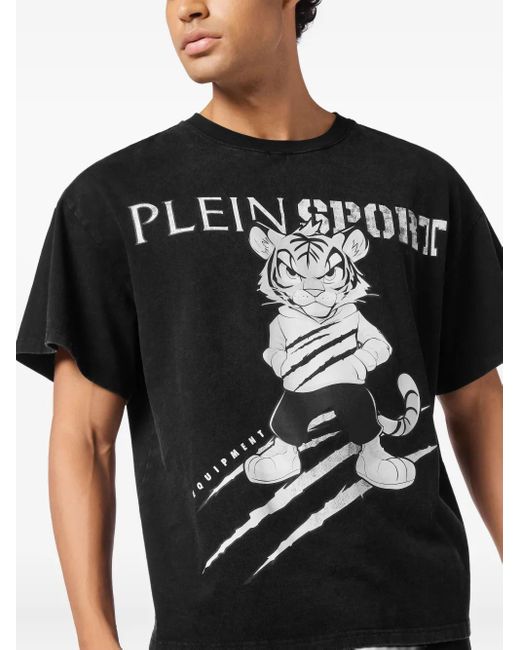 Philipp Plein Black Washed Fleece T-Shirt Scratch Tiger for men
