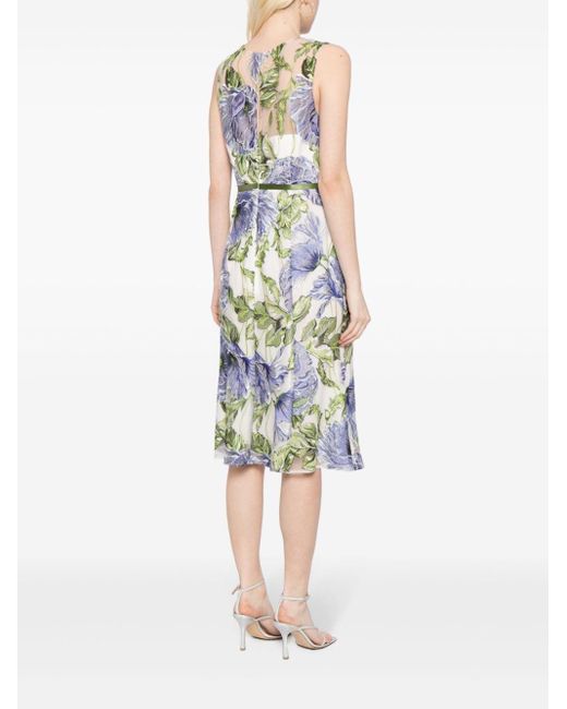 Marchesa Blue Floral-embroidered Tulle Midi Dress