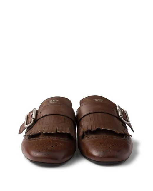 Prada Brown Leather Fringed Shuffle Mules