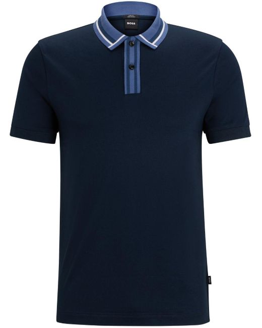 Boss Blue Stripe-trim Cotton Polo Shirt for men