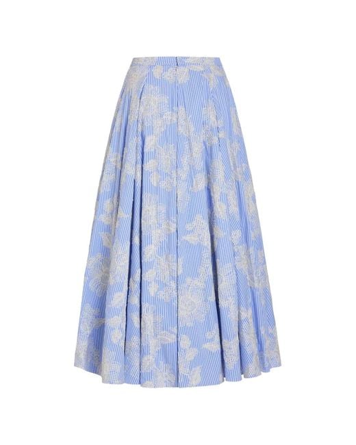 Markarian Blue Soleil Floral-Embroidered Striped Midi Skirt