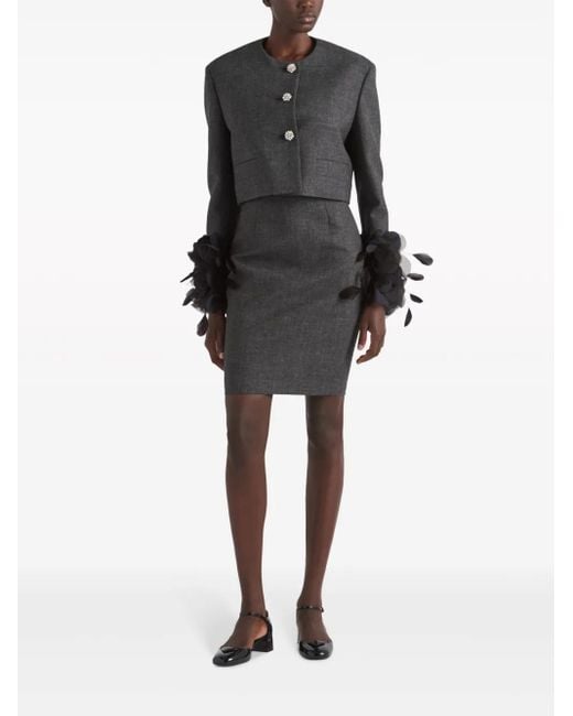 Prada Black Feather-Trimmed Wool Cropped Jacket