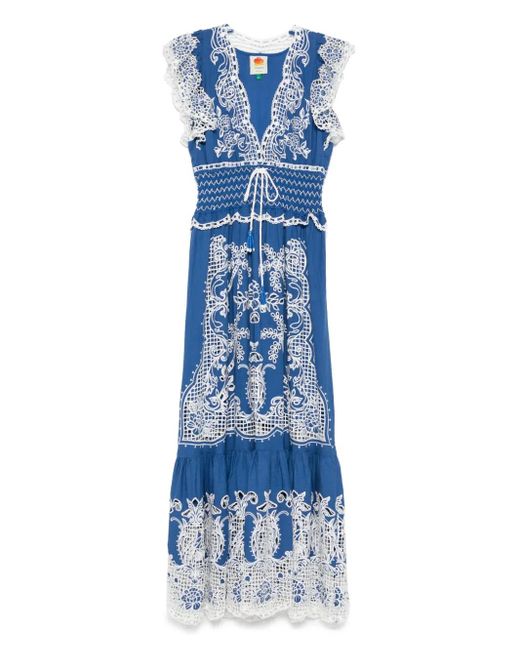 Farm Rio Blue Embroidered Linen-Blend Maxi Dress
