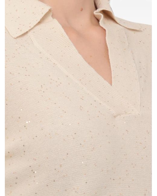 Emme White Sequin-Embellished Quarter-Sleeved Polo-Collar T-Shirt