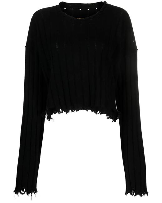 Uma Wang Black Distressed Ribbed-Knit Sweater
