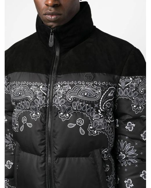Philipp Plein Black Bandana-Print Padded Jacket for men